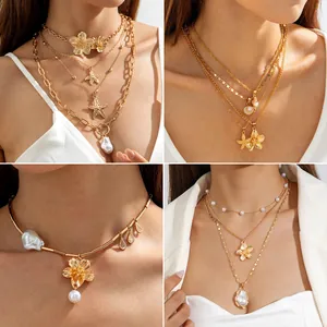 Multi Layered Necklace For Women Gold Silver Alloy Flower Starfish Butterfly Shell Cross Artificial Baroque Pearl Bohemian Vintage Jewelry