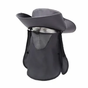 Detailansicht grauer Outdoor Sonnenhut mit abnehmbarer Gesichtsmaske und Nackenschutz
