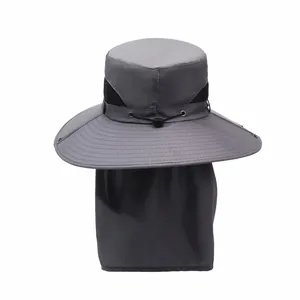 Grauer Outdoor-Sonnenhut mit breiter Krempe und abnehmbarem Nackenschutz zum Angeln