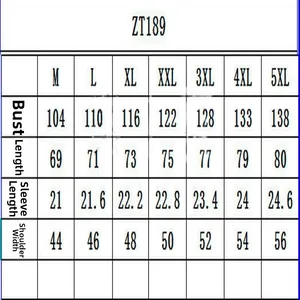 Detailed measurement size chart for men's casual short-sleeved polo shirt, model ZT189.
