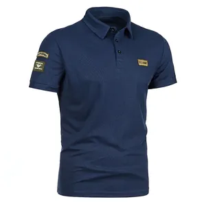 Men's navy blue short sleeve tactical polo shirt featuring U.S. Army military style patches
