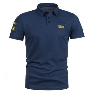 Navy blue short sleeve polo shirt with U.S. ARMY chest patch and military icons.