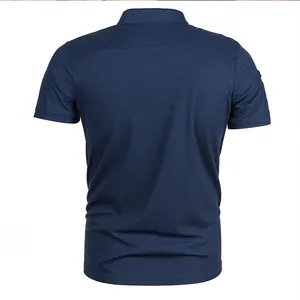 Back view of a classic navy blue short-sleeved polo shirt with a slim fit design