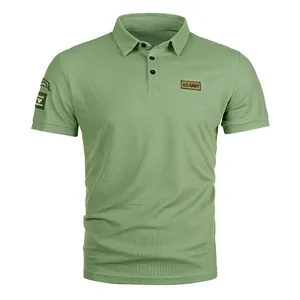 Classic men's short-sleeved military style polo shirt in light green with U.S. Army patches