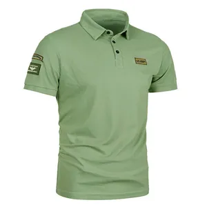 Detail of sage green men's polo shirt with military U.S. ARMY chest patch decoration