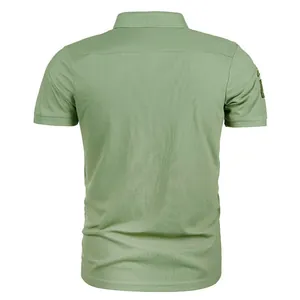 Back view of a men's olive green short sleeve polo shirt with tactical sleeve patch details