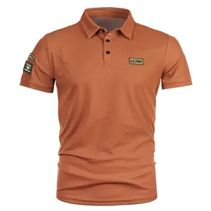 Burnt orange men's polo shirt with U.S. Army patches and classic turn-down collar.