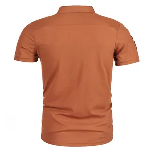 Detailed back view of men's rust orange short-sleeve polo shirt with lapel collar