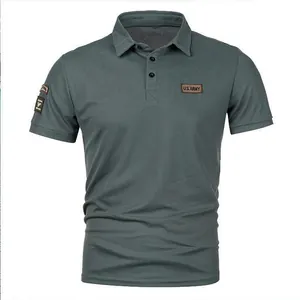 Military style grey-green men's short sleeve polo shirt with US Army patch details