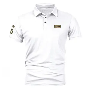 Detailed view of white men's Polo shirt featuring U.S. Army chest patch and collar