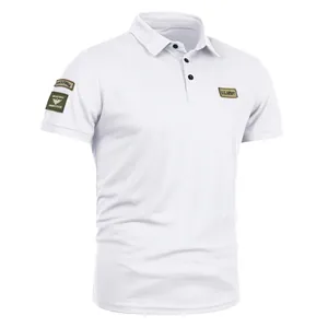 Close-up view of a white short-sleeved Polo shirt featuring military U.S. Army patches