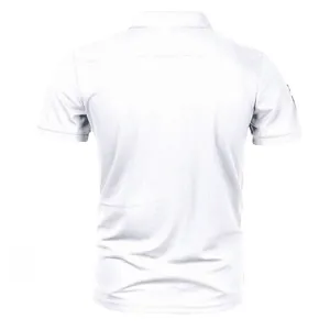 Back view of a classic white men's short-sleeved Polo shirt with casual lapel