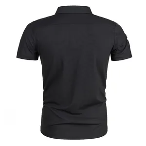 Back view of a premium black men's short sleeve polo shirt with casual collar design
