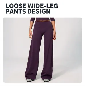 Detailed view of women's purple brushed wide-leg yoga pants with a high-waisted fit