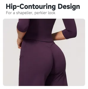 Detailed back view of the hip-lifting seam on purple high-waisted flared yoga pants