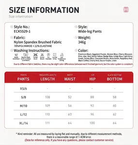 Detailed size chart for women's brushed high-waist wide-leg athletic pants
