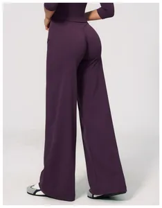 High-waist purple wide-leg yoga pants for women shown from a professional back view