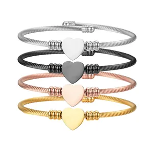 Fashion Titanium Steel Heart Open Cuff Bracelet Woven Cable Wire Bangle For Women Personalized Trendy Jewelry Gift Accessory