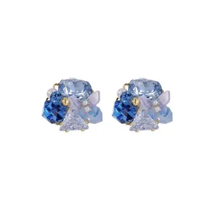 Sweet 18k gold plated stud earrings with blue crystals and butterfly