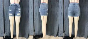 Blue distressed denim shorts with rolled cuffs shown from three different angles