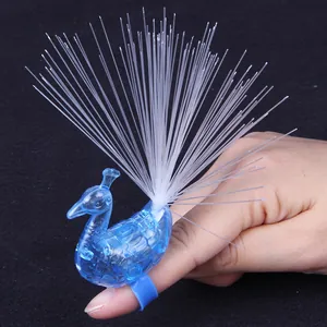 Detailed close-up of blue peacock LED finger ring light with fiber optic spray