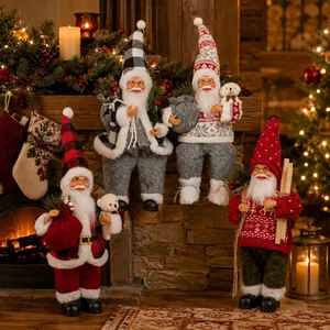Set of four 12-inch festive Santa Claus figurines in a warm fireplace setting