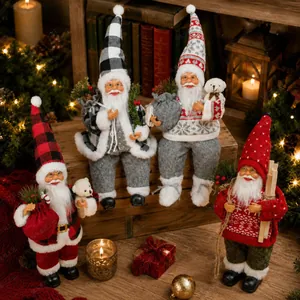 Group of four 12-inch sitting Santa Claus figurines in various festive outfits