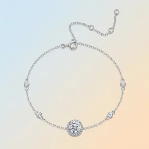 Elegant 925 sterling silver adjustable bracelet with halo-set round crystal charms