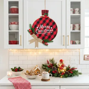 12-inch buffalo check Christmas wreath with pine needles and burlap bow hanging
