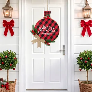 Buffalo Plaid Christmas Wreath With Hat Bamboo Ring Faux Pine Needle Berry Bow Hanging Decoration For Front Door Wall Home New Year
