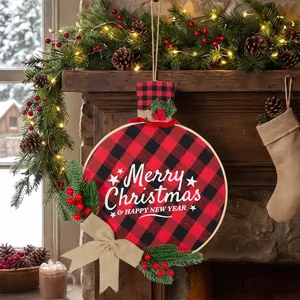 12-inch red and black buffalo plaid bamboo Christmas wreath with berries and bow