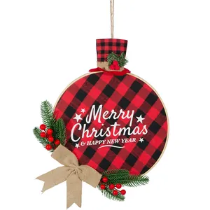 12-inch red and black buffalo plaid bamboo Christmas wreath with berries and bow