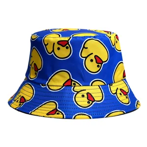 Detailed view of a stylish blue bucket hat featuring an all-over yellow duck pattern