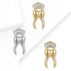 Creative tooth-shaped brooches with rhinestone crowns in gold and silver alloy finish