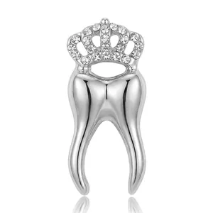 Creative silver-tone alloy crown tooth brooch with sparkling crystal rhinestones