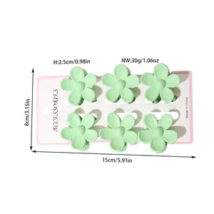 Detailed view of 6 matte green flower plumeria hair clips showing dimensions and weight