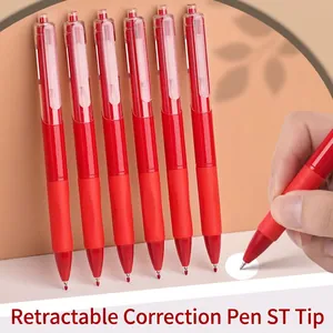Close-up of a professional red retractable gel pen with a precision ST needle tip