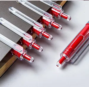 Close-up detail of red retractable gel pens featuring clear plastic barrels and clips