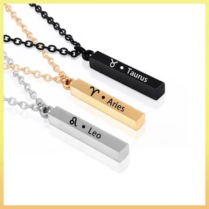 Twelve Zodiac Constellation Necklace Stainless Steel Square Bar Pendant Minimalist Jewelry For Men Women Fashionable Gift