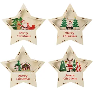 Lot de 4 étoiles de Noël lumineuses en bois avec éclairage LED et scènes festives
