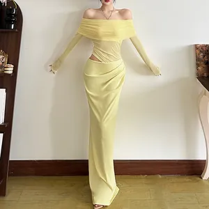 Elegantes hellgelbes schulterfreies Mesh-Maxikleid mit Taillenausschnitt-Detail