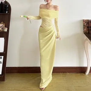 Elegantes schulterfreies gelbes Mesh-Bodycon-Maxikleid mit langen Ärmeln für den Sommer