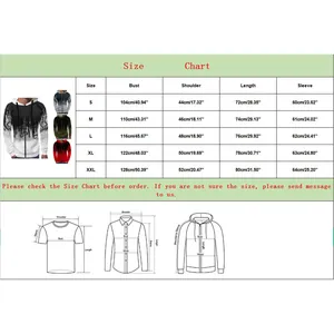 Size chart for men's splash ink print zip-up hoodie showing measurements in cm and inches.
