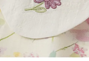 Détail macro d'une broderie florale délicate sur un col de robe blanche vintage pour fille