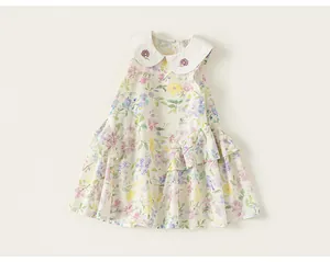 Robe fleurie sans manches de style français pour filles avec col Claudine brodé