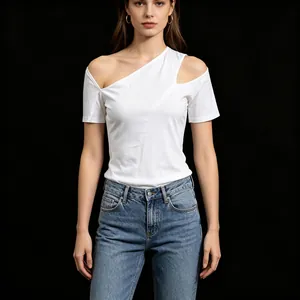Elegant white one-shoulder cutout T-shirt for women featuring a minimalist fashion design