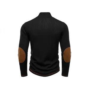 Men's black stand collar sweater with vintage elbow patches and ribbed texture
