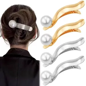 French Style Metal Artificial Pearl Hair Clip For Women Elegant Gold Silver Plated Banana Clip Duckbill Clip Fashion Hair Accessories