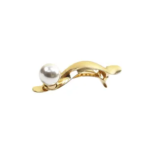 Elegant French style gold metal shark hair clip with a large white pearl for women