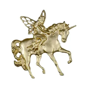 Vintage matte gold fairy riding unicorn brooch pin for elegant clothing accessory